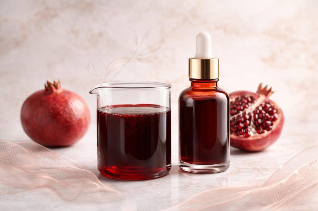 Concentrado de granada de color rojo intenso en recipiente de laboratorio, junto a granadas frescas, utilizado como ingrediente funcional para bebidas y formulaciones industriales