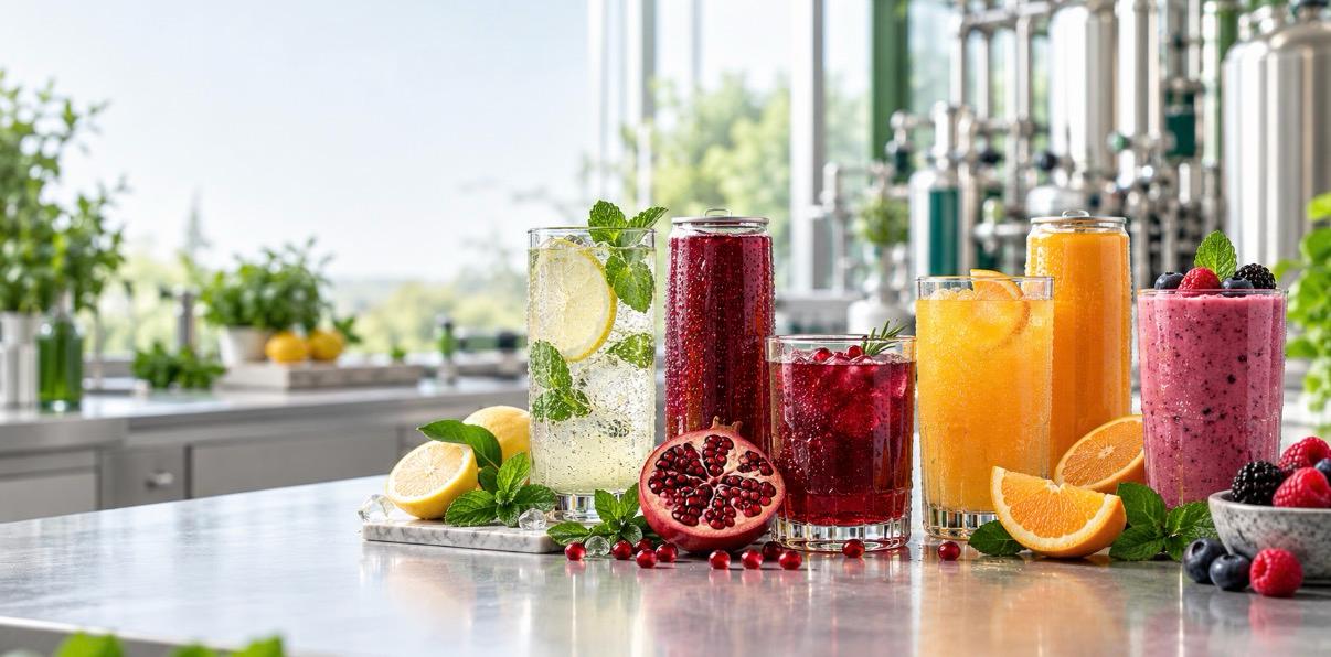 Bebidas de naranja y fresa junto a fruta fresca y un vaso con polvo, sobre una mesa de laboratorio para desarrollo de bebidas